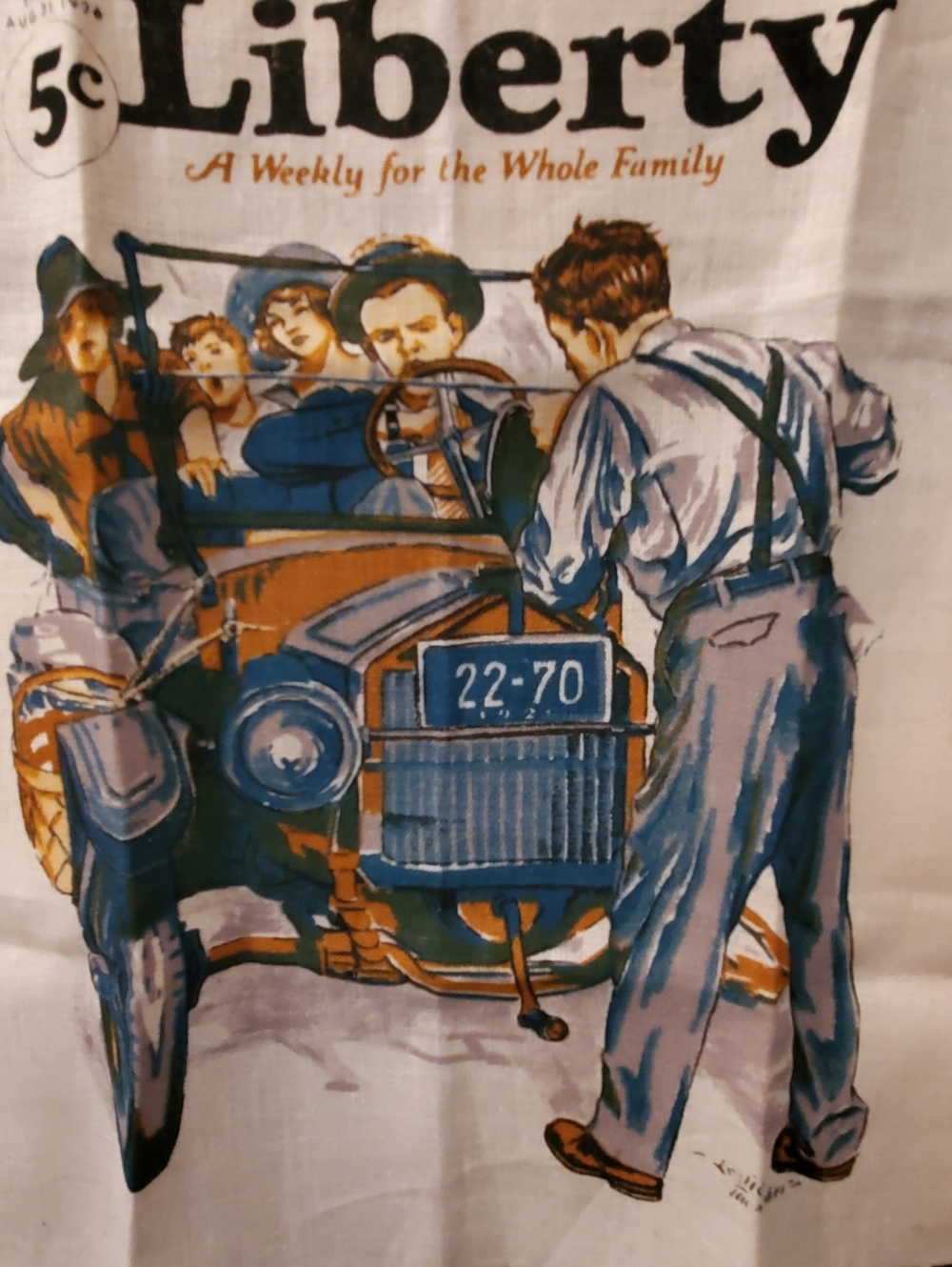 VINTAGE 1977 linen calendar tea towel retro art Crank Drive Car Liberty